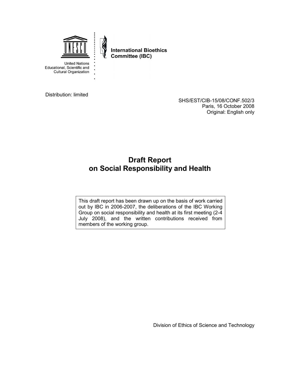 Draft Report on Social Responsibility and Health